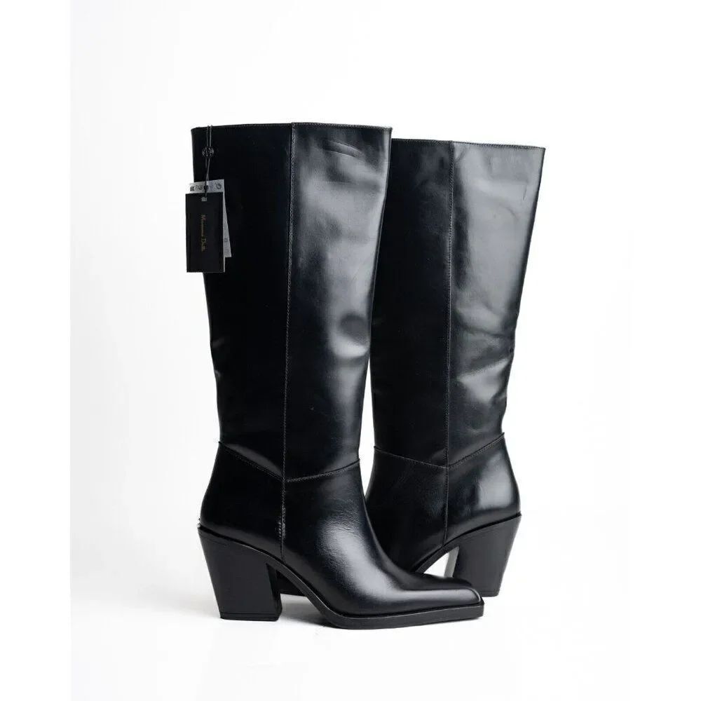 Massimo Dutti Knee High Boots Heeled Leather Black EU 40 US 9 1062/250 NWT